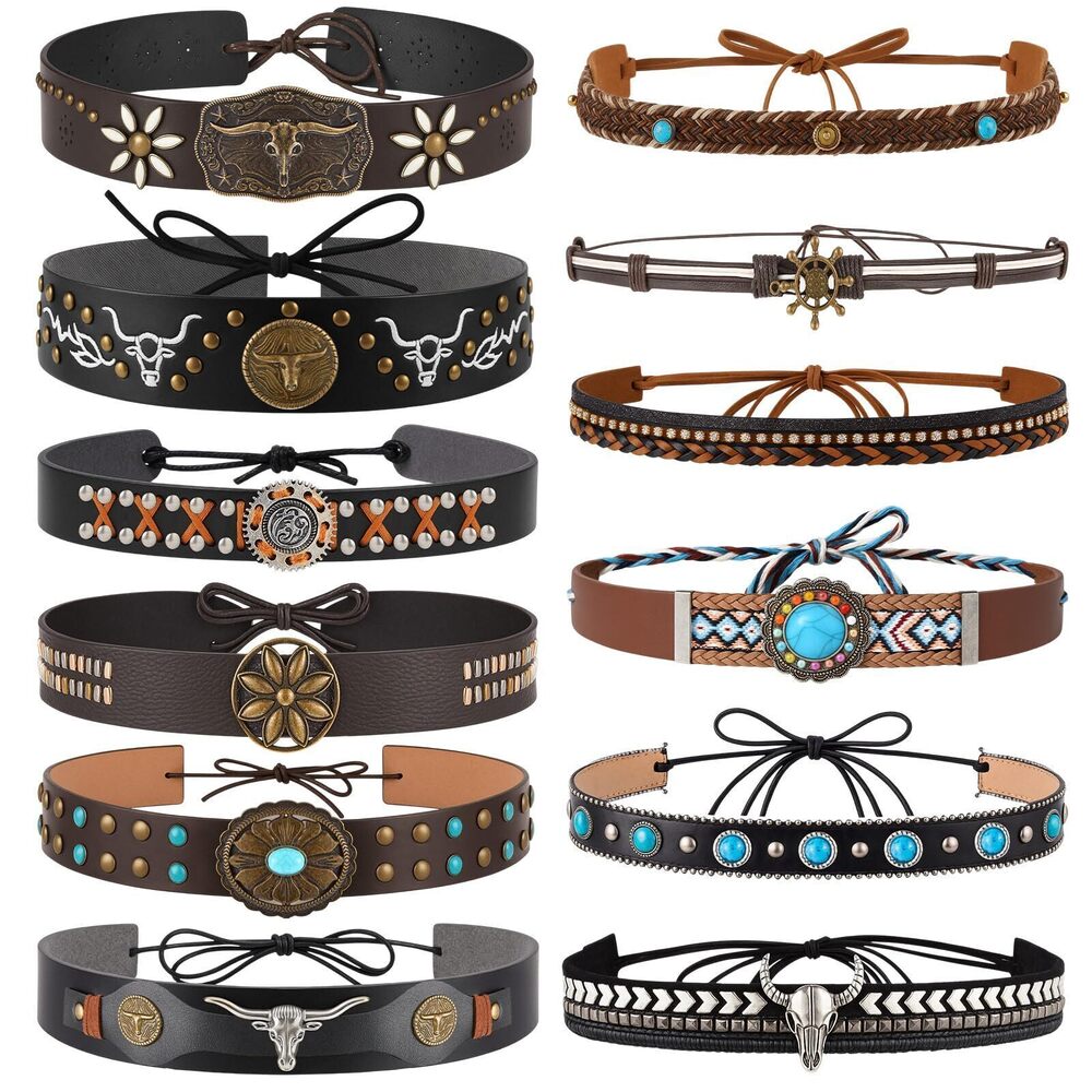 8078 12Pcs Hat Bands for Cowboy Hat Leather Turquoise Beaded Bands Ethnic